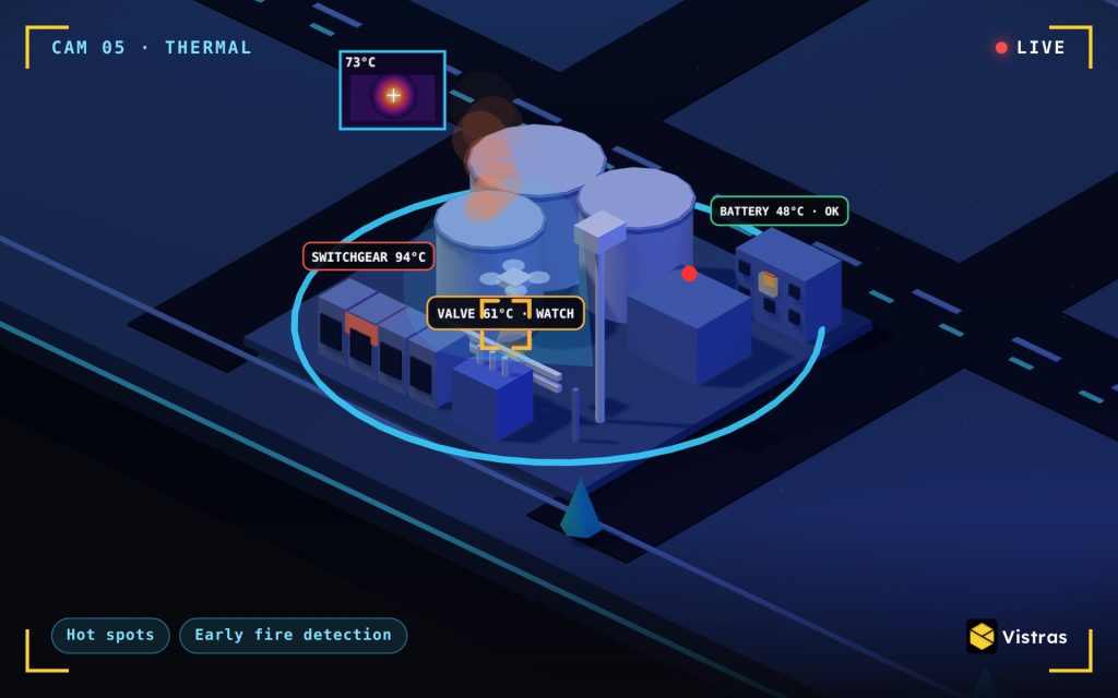 Thermal zone of the Vistras digital twin, with switchgear and a valve flagged for high temperature